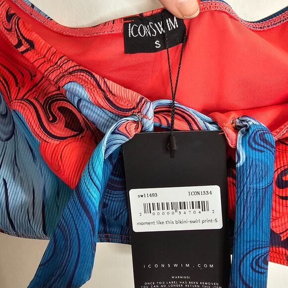 NWT Icon Swim Blue & Red Moment Like This Bikini Swirl Print Long Sleeve Top S - Picture 4 of 6